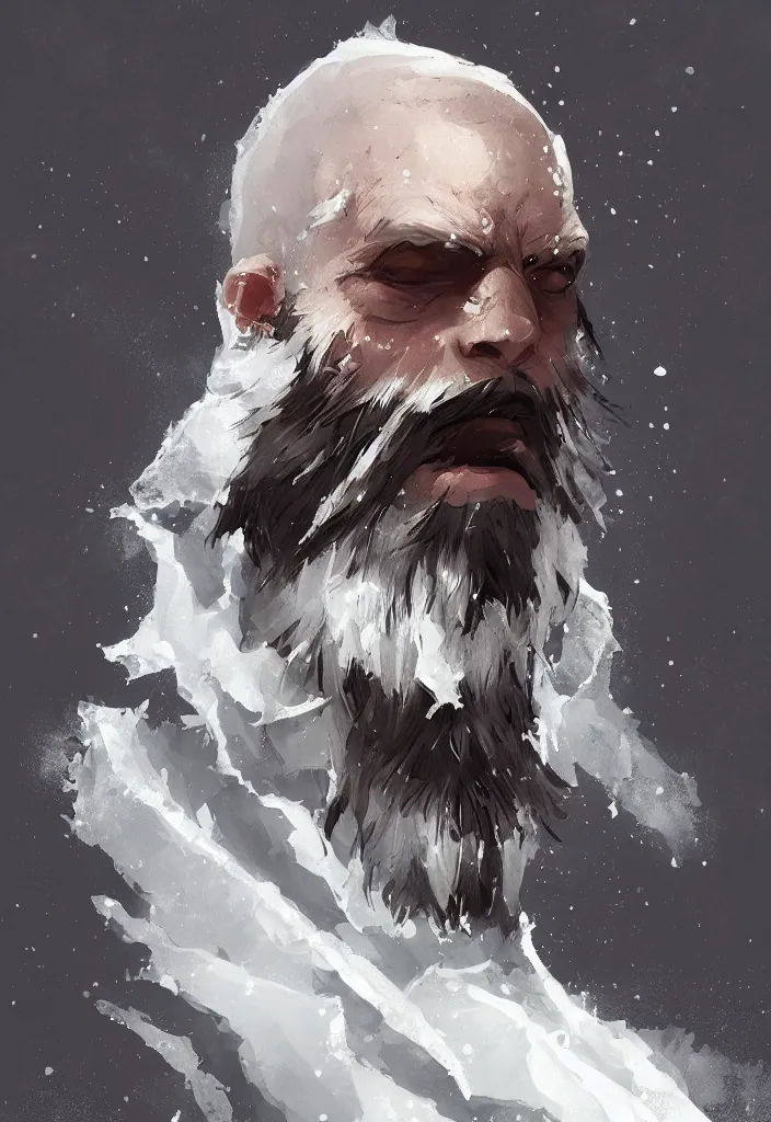 Prompt: a white snow beard made of ice and snow, concept art in style of Greg Rutkowski, ultracrisp, high contrast lighting, John Singer Sargant, ilya kuvshinov, painted by Frank Frazetta, trending on artstation