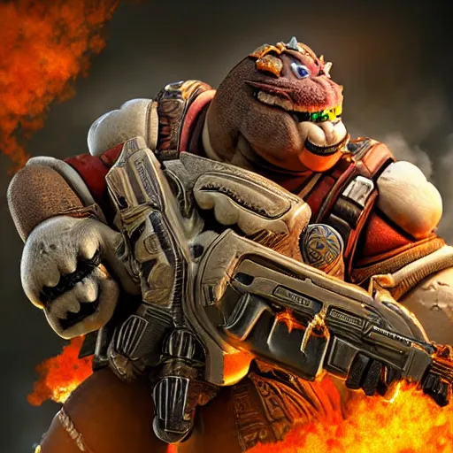 Image similar to Bowser!!!! from the Super ((((Mario)))) videogame series as the main character in Gears of War, highly detailed, high quality, HD, 4k, 8k, Canon 300mm, professional photographer, 40mp, lifelike, top-rated, award winning, realistic, sharp, no blur, edited, corrected, trending