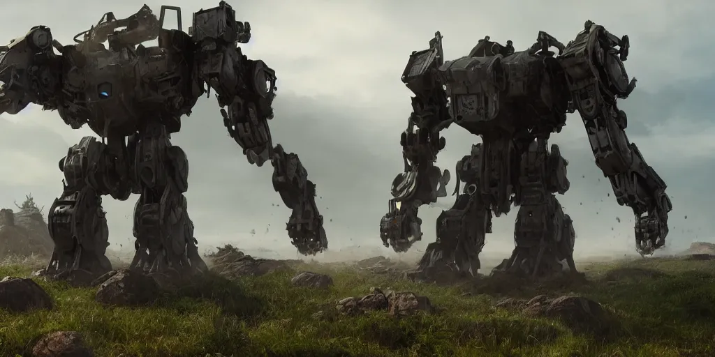 Prompt: large mech war machine walking through the countryside, cinematic lighting, dramatic camera angle, highly detailed concept art. realistic render