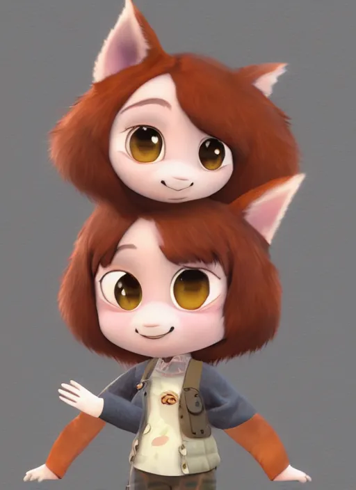 Image similar to female explorer mini cute girl, character adoptable, highly detailed, rendered, ray - tracing, cgi animated, 3 d demo reel avatar, style of maple story and zootopia, maple story indiana, fluffy fox ears, dark skin, cool clothes, soft shade, soft lighting, portrait pose