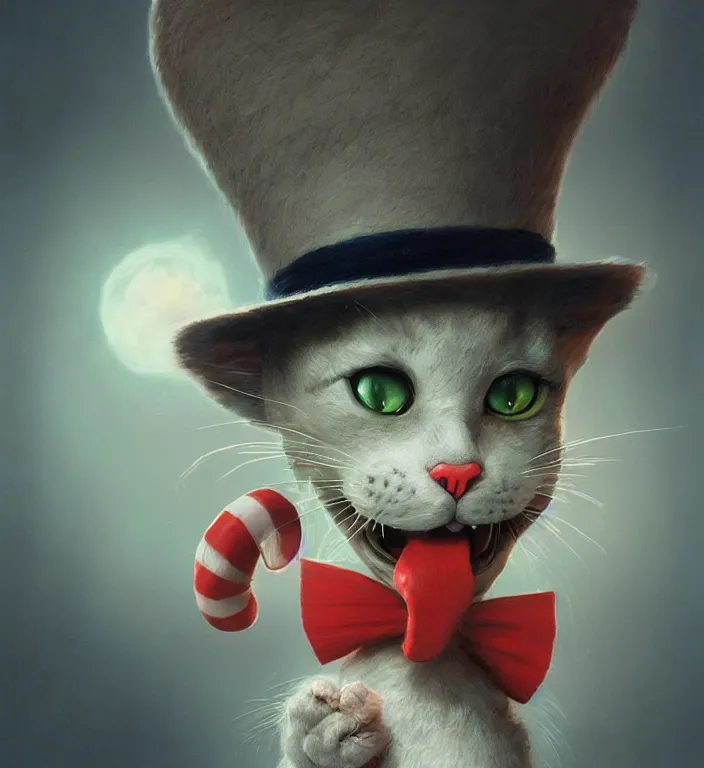Image similar to complex 3 d render, hyper detailed, ultra sharp, of the cat in the hat, scary, trippy, cinematic, natural soft light, rim light, art by greg rutkowski and artgerm and android jones, dr seuss