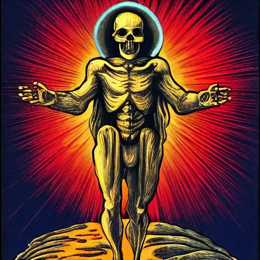 Prompt: Jesus Christ as skeleton inside an epicenter of a thermonuclear blast standing on the Earth sphere with radioactive rays to the sides