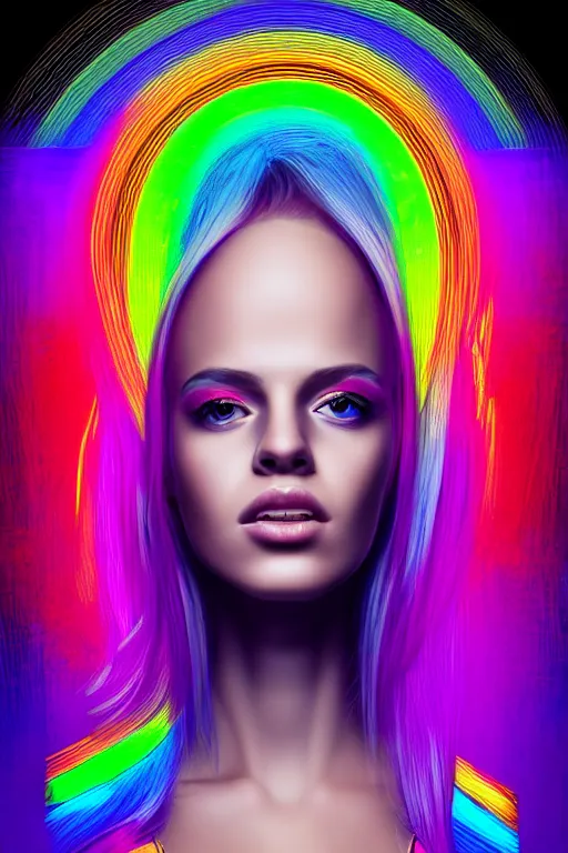 Prompt: a award winning half body portrait of a beautiful woman with stunning eyes in a croptop and cargo pants with rainbow colored hair, routlined by whirling illuminated neon lines, fine rainbow colored lines swirling in circles, outrun, vaporware, shaded flat illustration, halftone, digital art, trending on artstation, highly detailed, fine detail, intricate