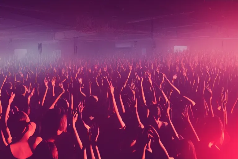 Image similar to crowd partying with their hands up at a club, volumetric lighting, haze, light beams, discoball, silhouette, digital art, trending on artstation, 4k, unreal engine, intricate, ornate