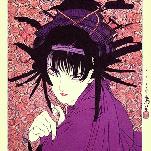 Image similar to prompt : portrait of muse soft light painted by takato yamamoto, purple rinnegan eyes, inspired by ninja anime, smooth face feature, intricate oil painting, high detail, sharp high detail, manga and anime