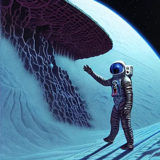 Image similar to astronaut exploring a strange surface of another planet, astronat sees signs of ancient civilization, ultra high definition, ultra detailed, symmetry, sci - fi, dark fantasy, by wayne barlowe