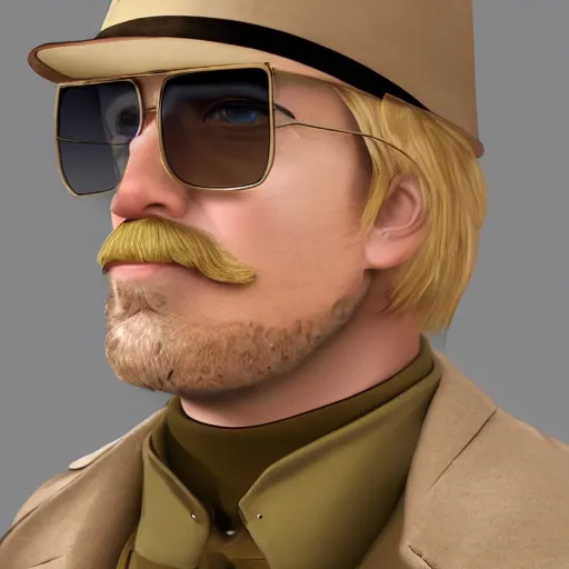 Prompt: blonde Viktor Reznov portrait with a beige coat, a blonde goatee, thick moustache, short hair, beige fedora, and sunglasses, photorealistic, dramatic lighting