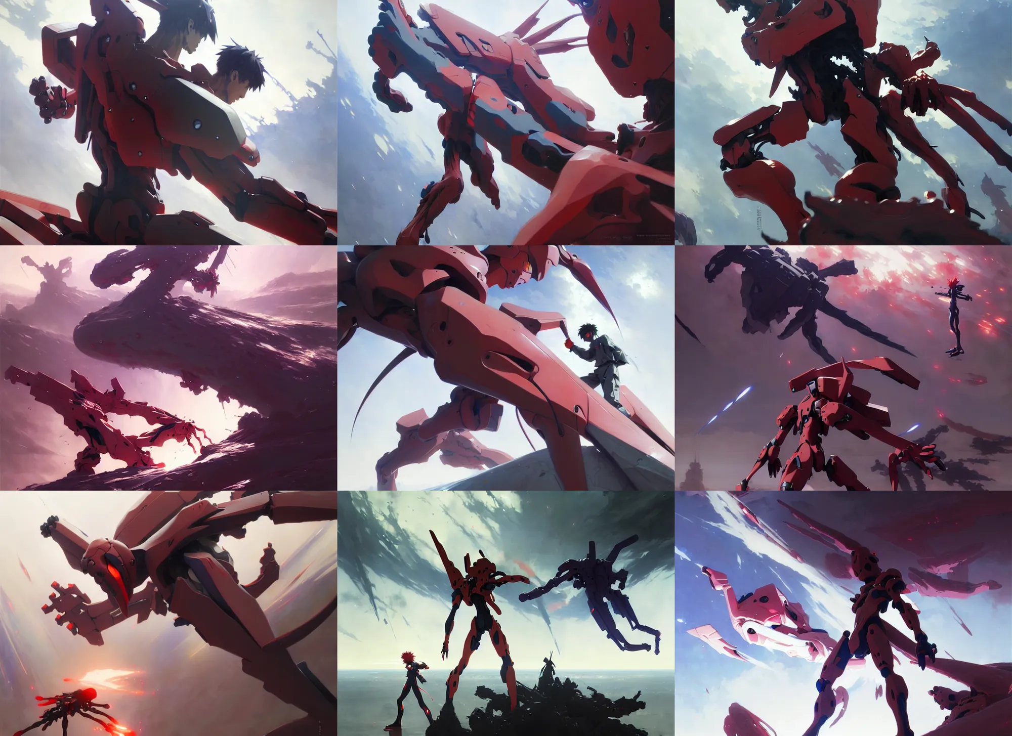 Prompt: evangelion anime battle, intricate, sharp focus, illustration, highly detailed, digital painting, concept art, matte, art by ruan jia and wlop and greg rutkowski, masterpiece