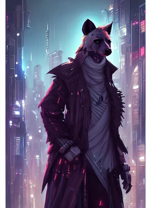 Image similar to beautiful portrait commission of a male furry anthro hyena fursona wearing cyberpunk jedi robes in a cyberpunk city at night in the rain. character design by charlie bowater, ross tran, artgerm, and makoto shinkai, detailed, inked, western comic book art