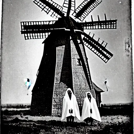 Image similar to an 1800s photo of a windmill. Cult worshippers in robes.