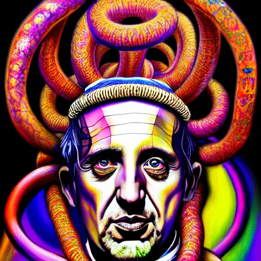 Image similar to an extremely psychedelic portrait of the pope as medusa, surreal, lsd, face, detailed, intricate, elegant, lithe, highly detailed, digital painting, artstation, concept art, smooth, sharp focus, illustration