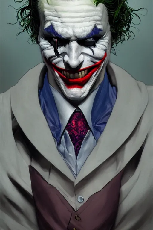 Image similar to portrait of the joker, forest, godlike, full body, fantasy, intricate, elegant, highly detailed, digital painting, artstation, concept art, sharp focus, illustration, art by artgerm and greg rutkowski and alphonse mucha