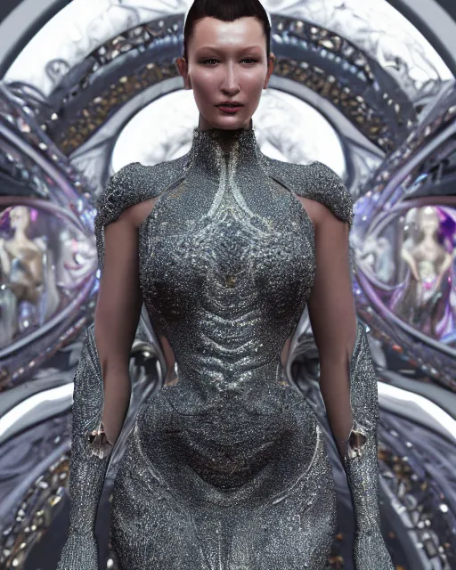 Image similar to a highly detailed metahuman 8 k close up render of bella hadid catwalk renaissance in iris van herpen dress schiaparelli in diamonds crystals swarovski and jewelry iridescent in style of alphonse mucha trending on artstation made in unreal engine 4