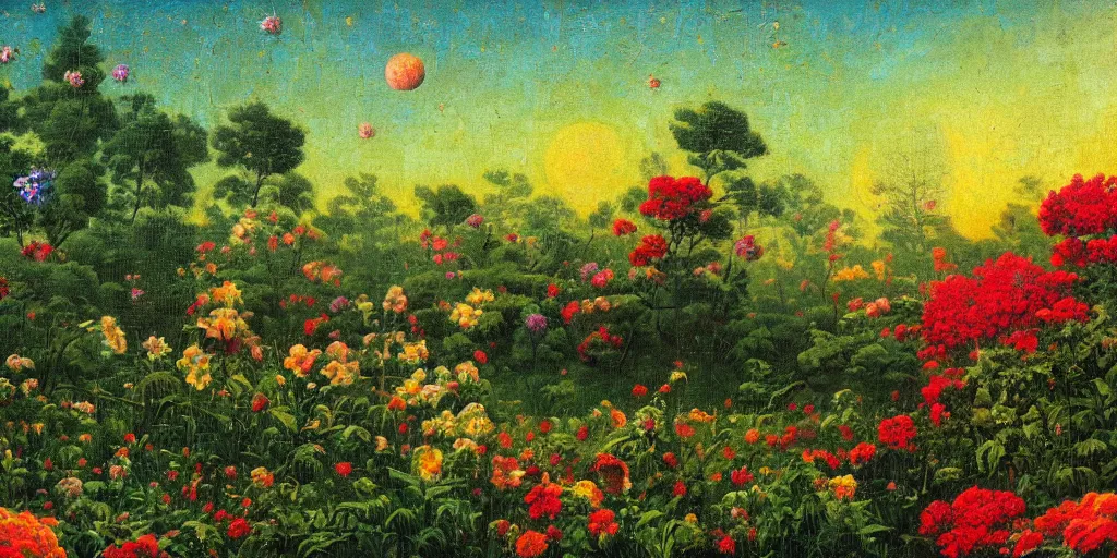 Prompt: a flowering garden on the moon, 👽🤖, impasto paint in the style of martin johnson heade,