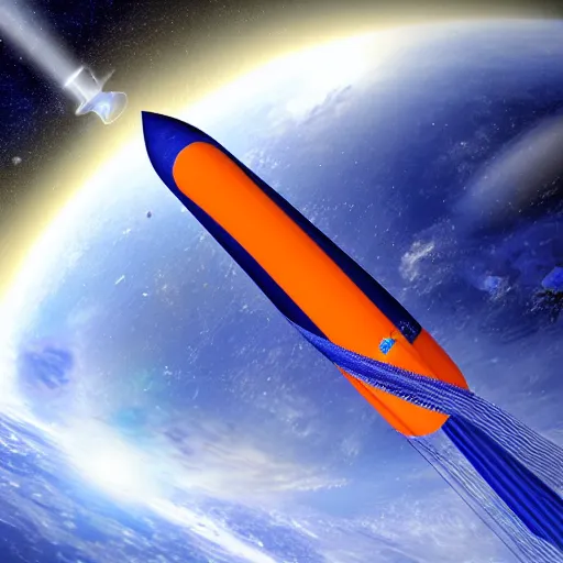 Image similar to Blue Ariane rocket with orange planet in background in space, photorealistic