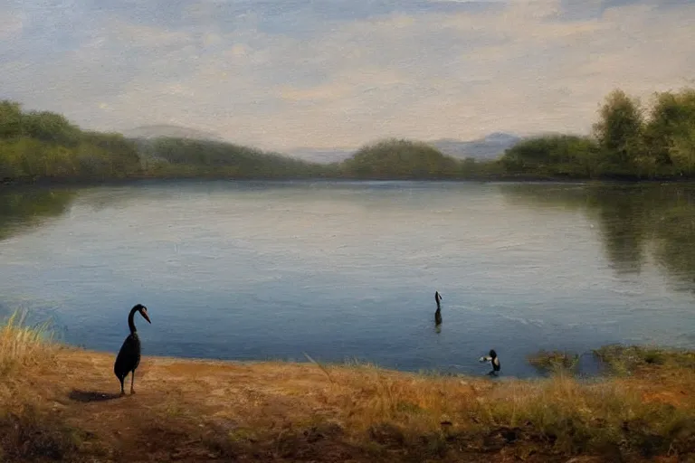 Image similar to oil painting, long view, black swan in the middle of the lake, neodada