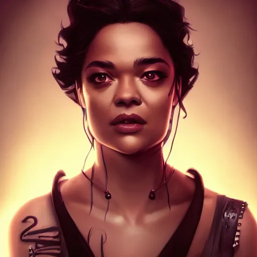 Image similar to tessa thompson portrait, arcane netflix, arcane vi, arcane jinx, concept portrait, riot, acrace catoon, detailed expression, high quality, cinematic lighting, fantasy, reflective, spotlight, digital artwork