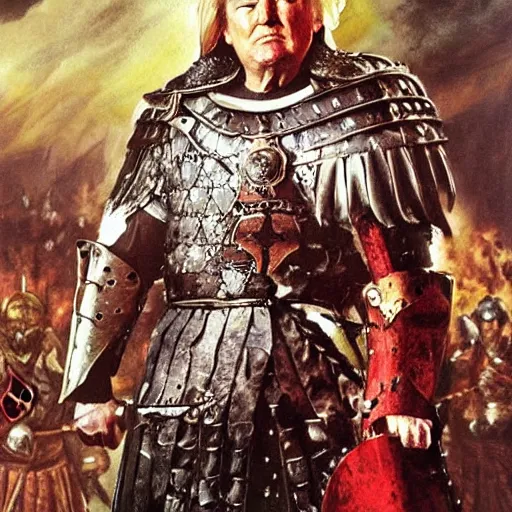 Image similar to trump as a viking, crusader times, bloody, epic painting