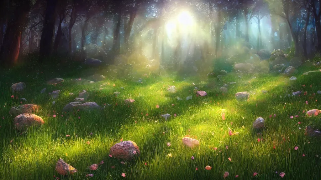 Prompt: a flowery grassy angelic heavenly light forest, lighting, rim light, pebbles, stones, bubbles, artstation, digital art.