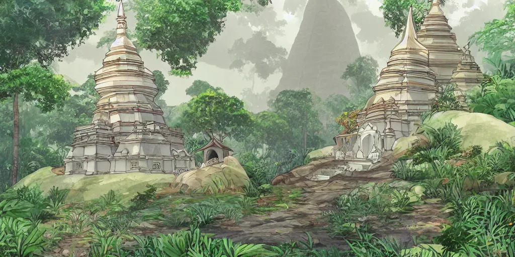 Image similar to sri lankan white stupa hidden in the jungle village, rule of thirds, drawn by hayao miyazaki