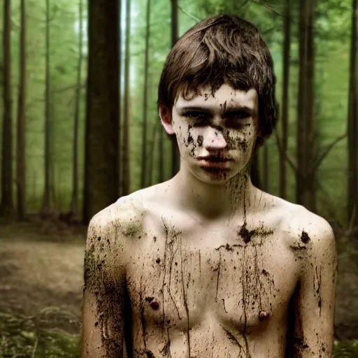 Image similar to a teenage boy, around 1 9 yo. looking sad. natural brown hair. loincloth, pale skin. muddy face. ominous and eerie looking forest i'm background. natural colors.