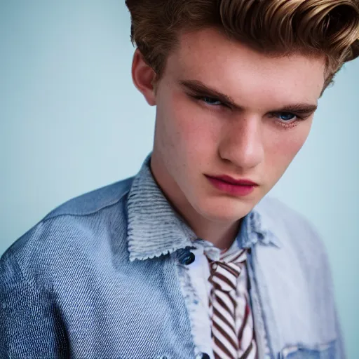 Image similar to close up of 1 8 year old man with wavy / curly light blonde hair, blue eyes, pale complexion, wearing 1 9 5 0 s clothing, 8 5 mm f / 1. 4