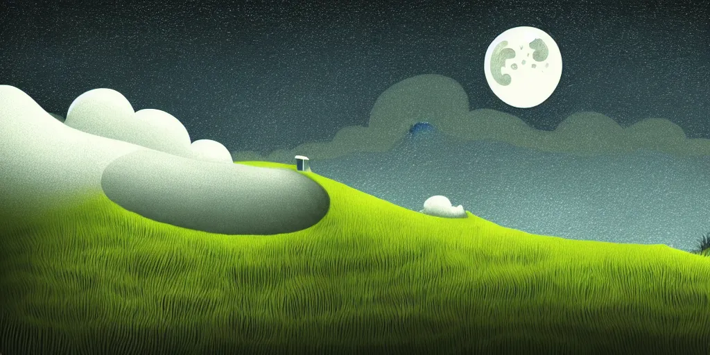 Prompt: dark, nightly, spiral, naive nerikomi, weird perspective, extra narrow, detailed illustration, lit by flashlight, grass field, mountainous terrain, curly fluffy clouds, volumetric lighting, concave crescent moon