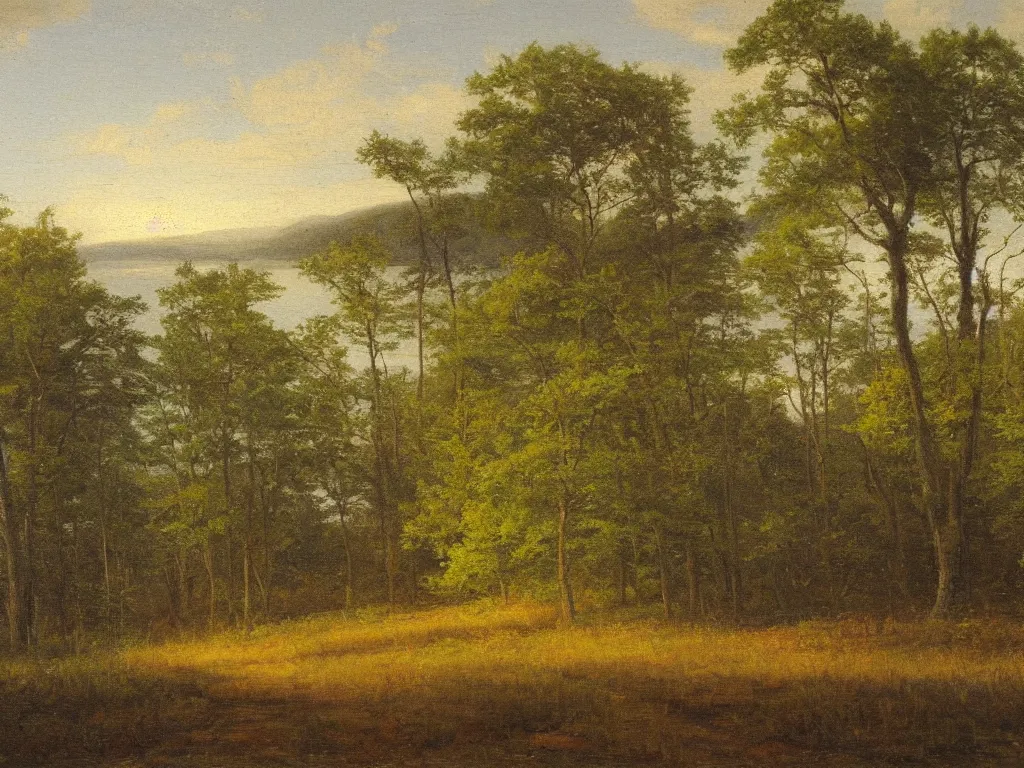 Image similar to hudson river school painting, naturalism, swamp, few little pines, corduroy road