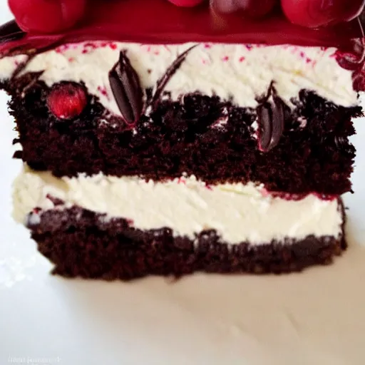 Image similar to the most delicious slice of black forest cake, close up food photography, trending on pintrest