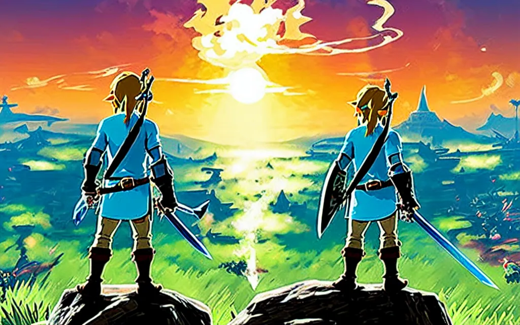 Image similar to photograph of Link from behind, from the game Breath of the Wild, with the master sword hanging across his back, watching the sunset, highly detailed