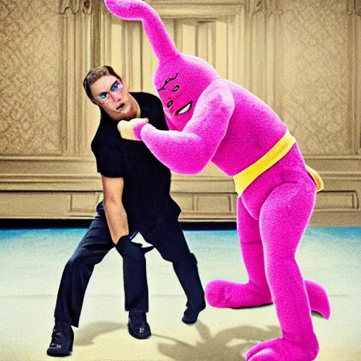 Image similar to george soros wrestling with pink guy played by george miller anime stlye