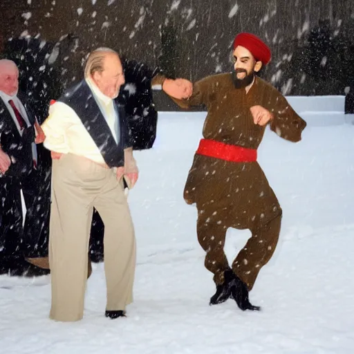 Image similar to bin laden dancing with king juan carlos, in the middle of a snowy landscape