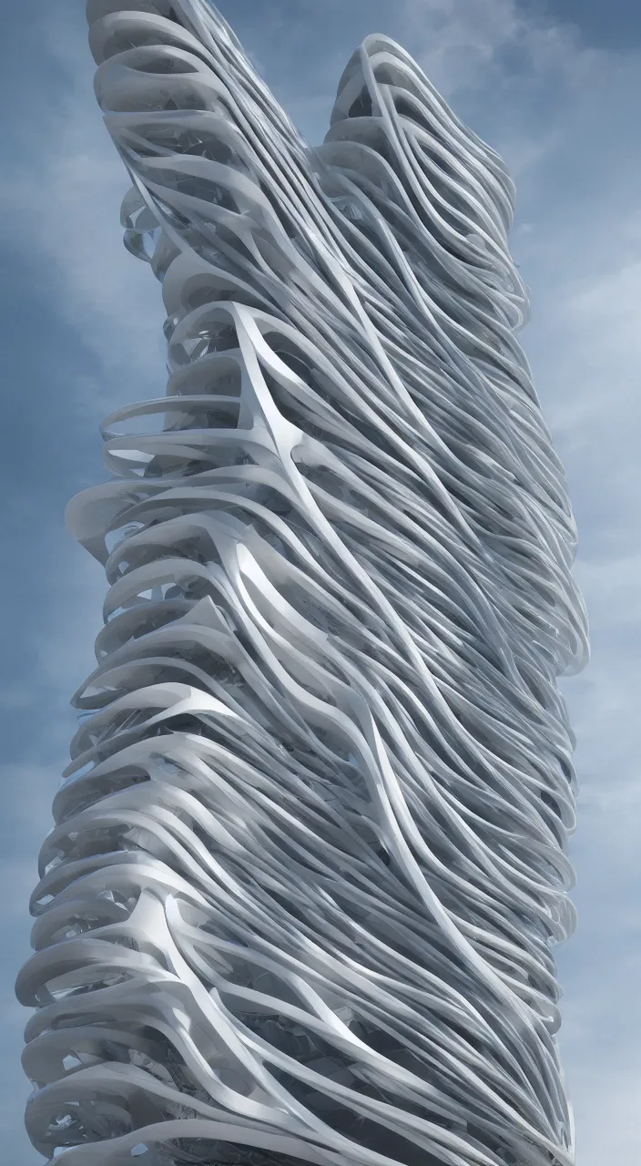 Prompt: parametric tower designed by zaha hadid with curved balconies, cinematic, ray traced, octane render, cinematic lighting, ultrarealistic, featured on artstation, 8 k