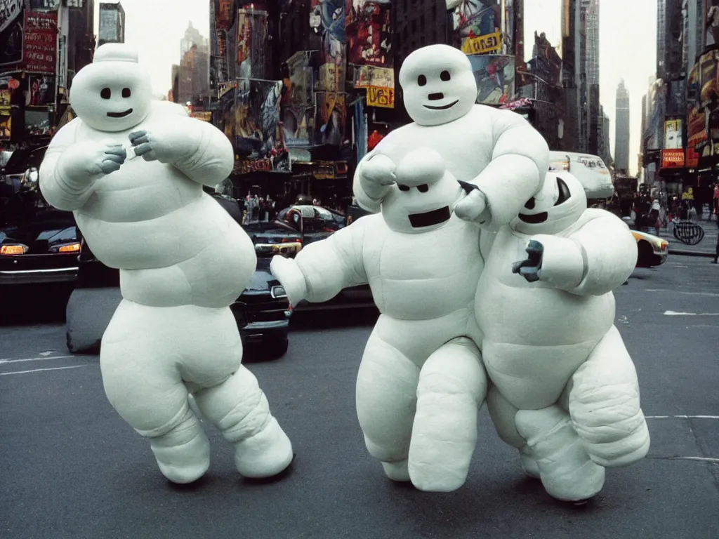 Image similar to 3 5 mm kodachrome colour photography of michelin man and stay - puft marshmallow man dancing in the streets of new york, taken by harry gruyaert