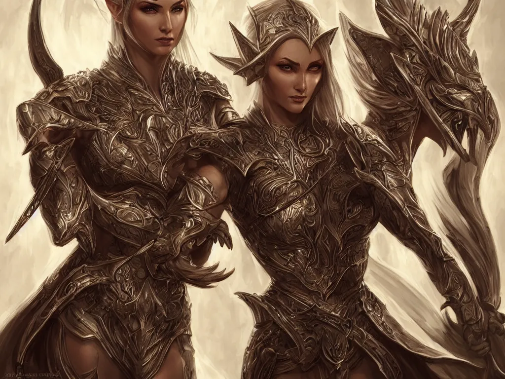 Prompt: Epic painting of a fierce female and male elven warrior, D&D, fantasy, intricate, elegant, highly detailed, digital painting, artstation, concept art, smooth, sharp focus, illustration, art by artgerm