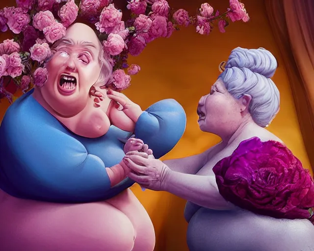 Image similar to of a very beautiful scene. ambient occlusion render. a sweet fat old woman is giving birth a beautiful colorful rose. hyper realistic. 4 k. wide angle. wild. symmetrical face, red mouth, blue eyes. deep focus, lovely scene. ambient occlusion render. concept art. unreal engine.