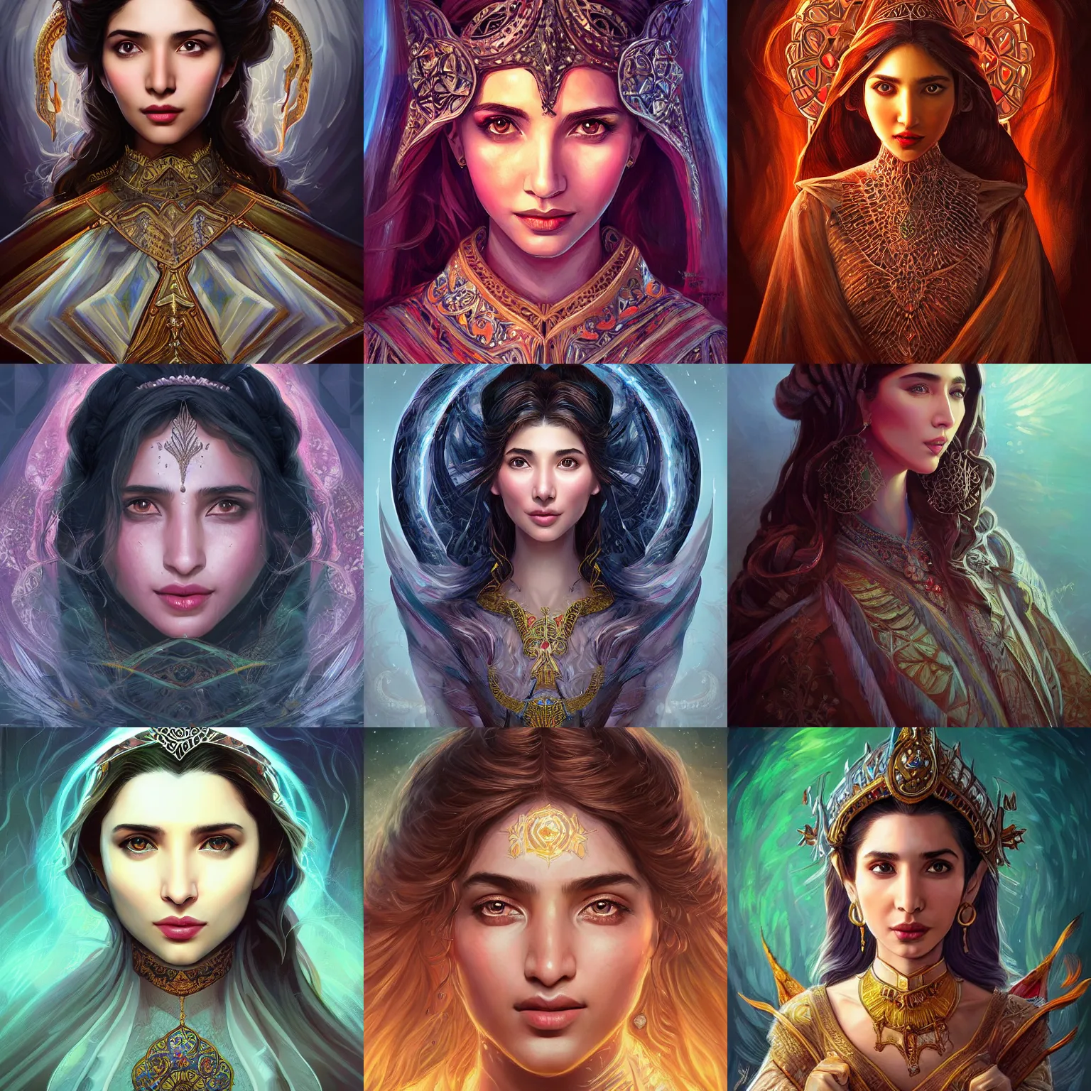 Prompt: head-on centered symmetrical painted portrait, Mahira Khan as a D&D wizard, intricate fantasy robes, fantasy, intricate, elegant, highly detailed, digital painting, smooth, sharp focus, illustration, dramatic lighting, artstation, in the style of Artgerm and Anna Podedworna and Alex Ross