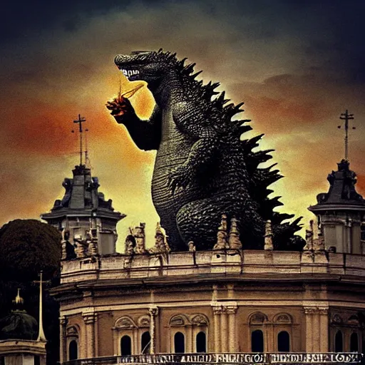 Image similar to godzilla sitting atop st. Peter’s church in rome, eating a mushroom. Digital art.