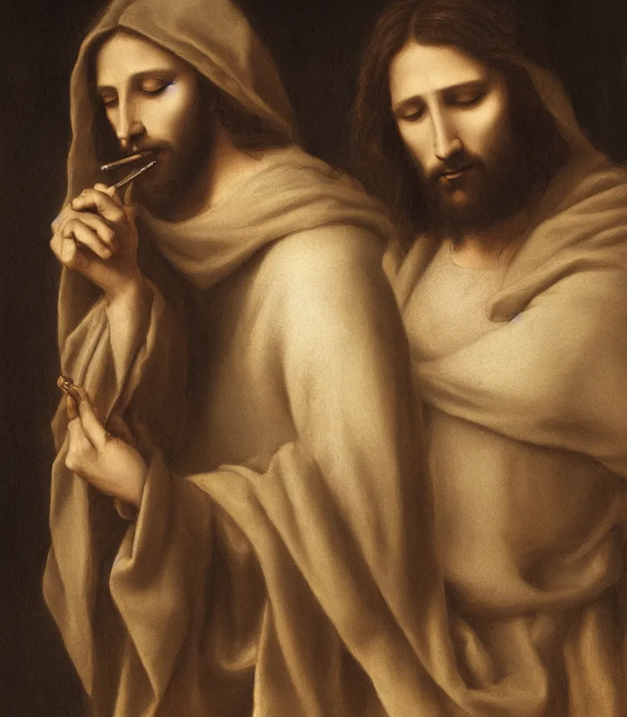 Image similar to a perfect portrait picture of jesus smoking a joing by leonadro da vinci, high resolutoion, artstation