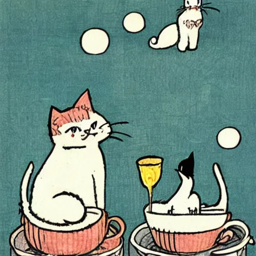 Image similar to cats drinking cups of coffee, in the style of Japanese illustration, Maurice Sendak, Tove Jansson