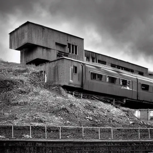 Image similar to a train crashing into a brutalist building, film photo, moody lighting, depressing gradient