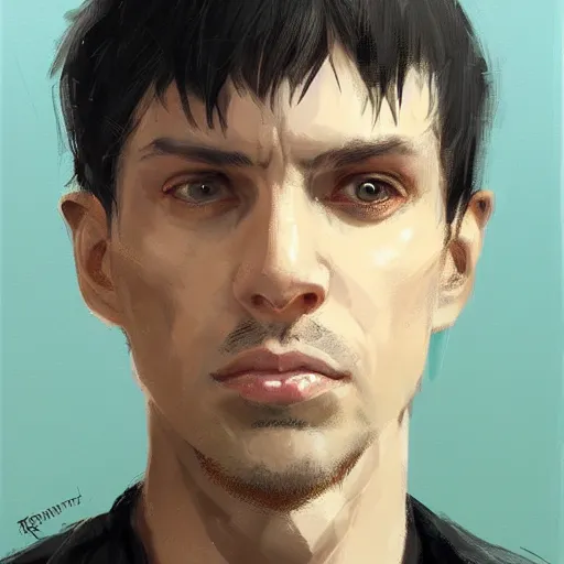Image similar to portrait of a man by greg rutkowski, he is! about 3 0 years old, short black hair with bangs, his features are a mix between french, turkish and russian and he is wearing a beige and black utility jumpsuit, highly detailed portrait, digital painting, artstation, concept art, smooth, sharp foccus ilustration, artstation hq