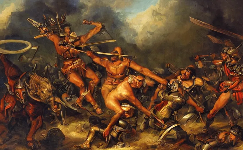 Prompt: oil painting of a spartan army charging against a giant cyclops,