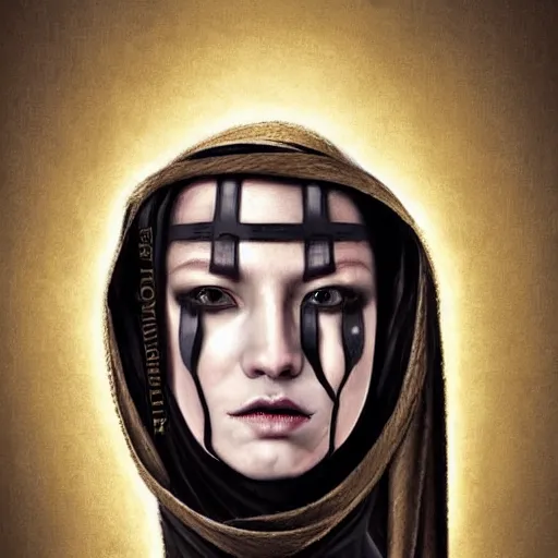 Image similar to portrait of a Shibari rope wrapped face and neck, headshot, insanely nice professional hair style, dramatic hair color, digital painting, of a old 15th century, young cyborg Rubber Nun, amber jewels, baroque, ornate clothing, scifi, realistic, hyperdetailed, chiaroscuro, concept art, art by Franz Hals and Jon Foster and Ayami Kojima and Amano and Karol Bak,