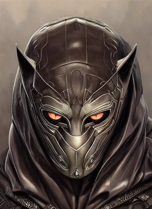 Image similar to panther mf doom cat eyes, metal panther skin. intricate, elegant, highly detailed, centered, digital painting, artstation, concept art, smooth, sharp focus, illustration, artgerm, tomasz alen kopera, peter mohrbacher, donato giancola, joseph christian leyendecker, wlop, frank frazetta