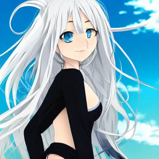 Image similar to a very beautiful young anime girl, full body, long wavy blond hair, sky blue eyes, full round face, bikini, miniskirt, front view, mid - shot, highly detailed, black and white manga drawing