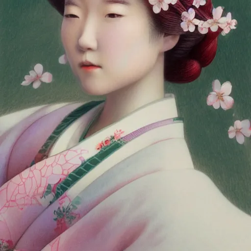 Image similar to side portrait of a young japanese woman wearing a kimono, cherry blossom crown, white hair, long hair, hair down, headshot, hyper realistic, pale skin, 4k, rule of thirds, extreme detail, detailed drawing, trending artstation, hd, fantasy, D&D, realistic lighting, by Alphonse Mucha, Greg Rutkowski, sharp focus, backlit, elegant