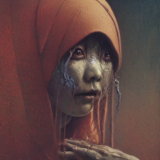 Image similar to by waterhouse, ( ( ( ( ( ( ( by beksinski ) ) ) ) ) ) ), high quality, picture portrait of a victorian yokai, haunting, photorealism, hyper - realism, octane render, highly detailed, 8 k,