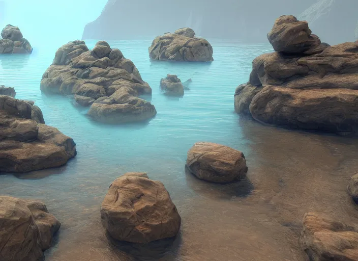 Image similar to bunch of rocks that are in the water, concept art by senior environment artist, polycount contest winner, environmental art, concept art, artstation hq, sketchfab