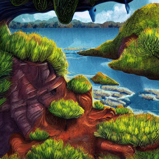 Image similar to illustration of a lush natural scene on an alien planet by djamila knopf. detailed. beautiful landscape. colourful weird vegetation. cliffs and water.